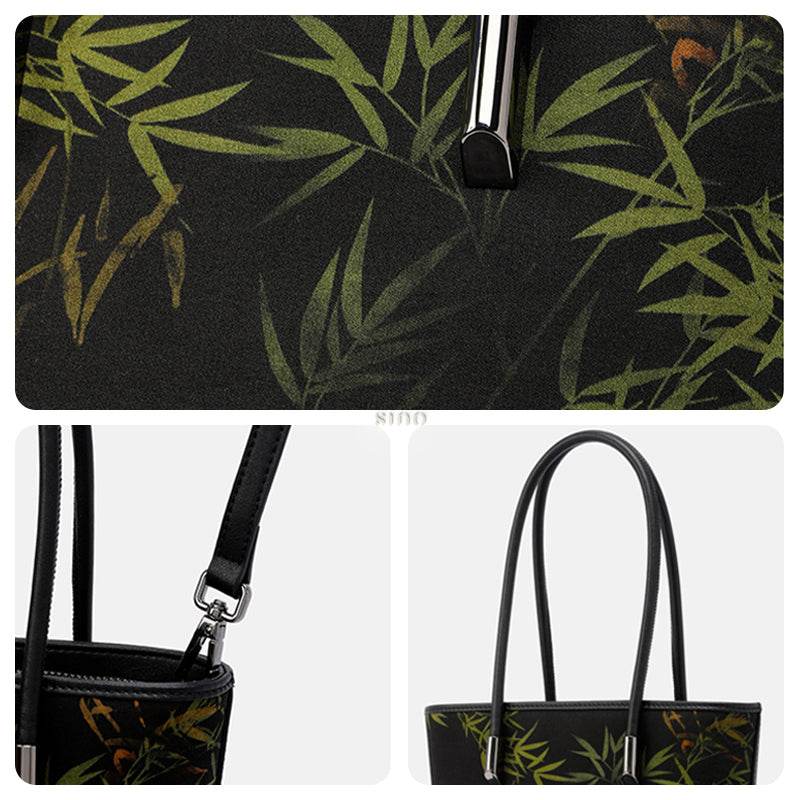Xiangyunsha Silk Black Bamboo Print Crossbody Bucket Bag - SinoCultural -- P110608 -