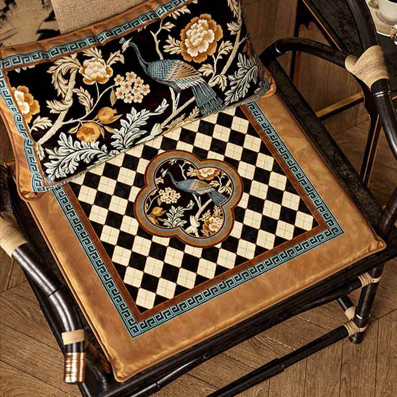 Chinoiserie Vintage Luxury Peacock Pattern Short Plush Chair Cushion - SinoCultural -- SC023A38
