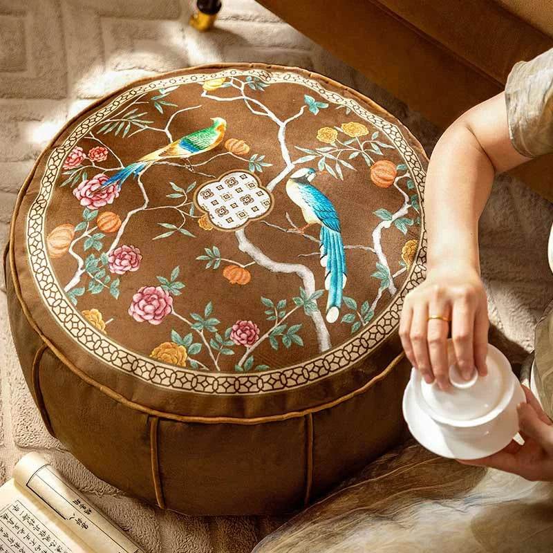 Chinoiserie Autumn Living Room Couch Cushion Pouf - SinoCultural -- B48J0019-C -