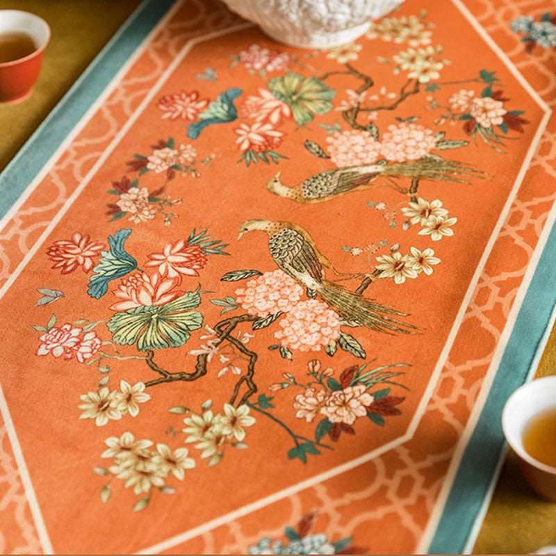 Chinoiserie Orange Mountain Hydrangea Table Runner - SinoCultural -- TR005Y160 -