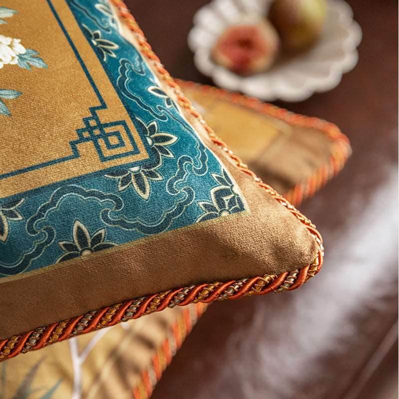Chinoiserie Original Brown Flowers and Birds Throw Pillow Golden Reverie - SinoCultural -- SJZB040A01 -