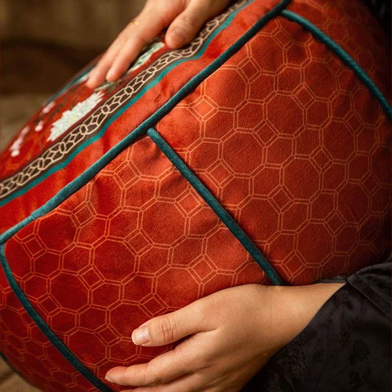 Chinoiserie Plush Joyful Red Sofa Ottoman Pouf - SinoCultural -- B48J0009-C
