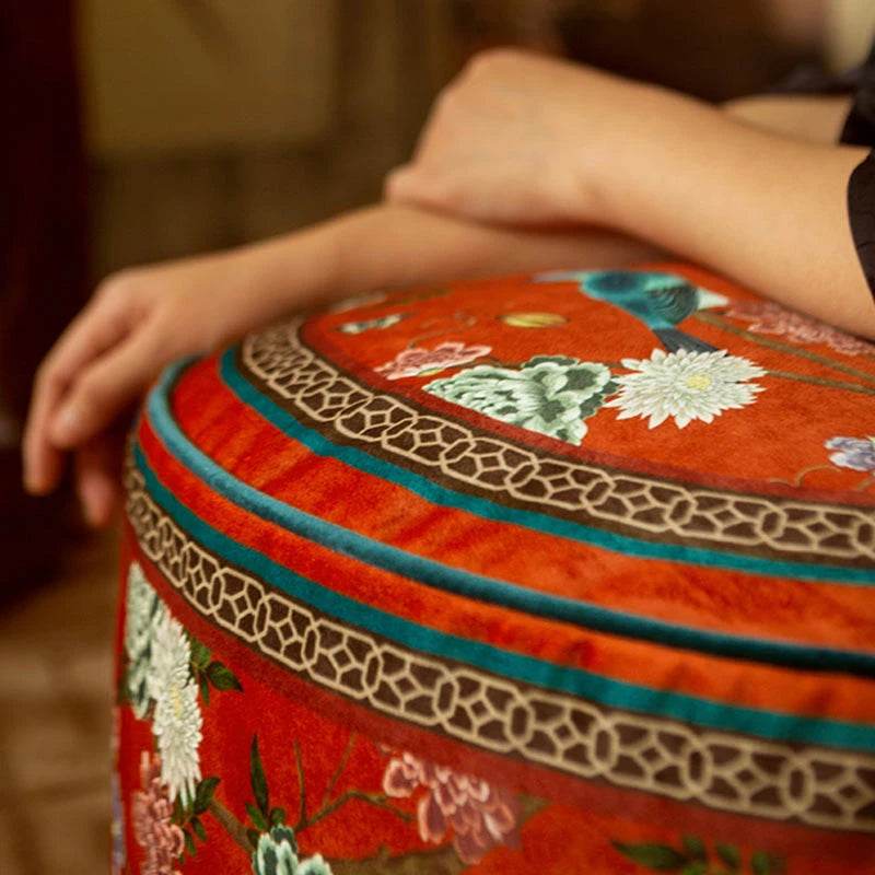 Chinoiserie Plush Joyful Red Sofa Ottoman Pouf - SinoCultural -- B48J0010-C
