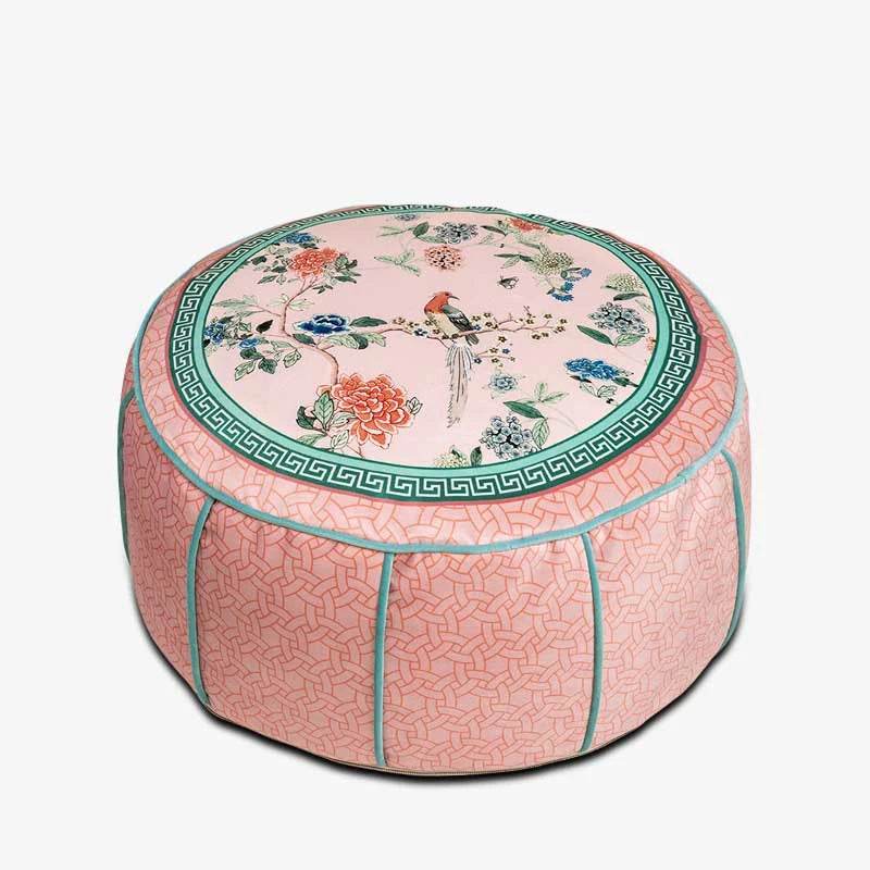Chinoiserie Plush Powder Pink Flower Living Room Rest Pouf - SinoCultural -- B48J0015-C