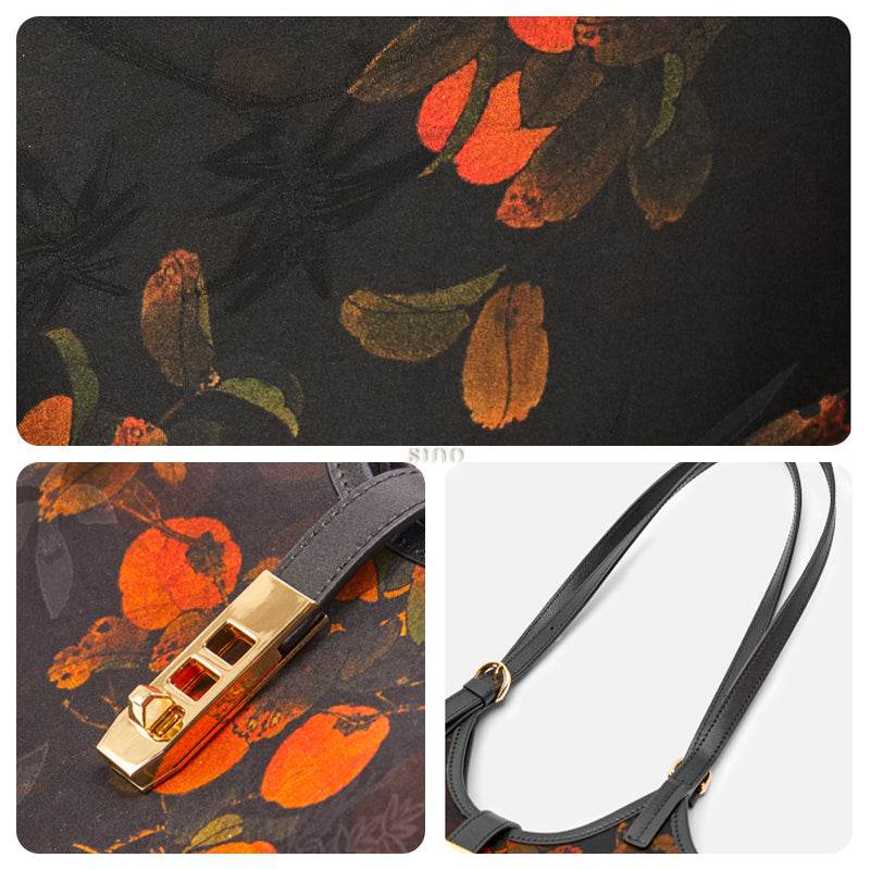 Xiangyunsha Silk Leather Printed Persimmon Bucket Bag - SinoCultural -- YS120762