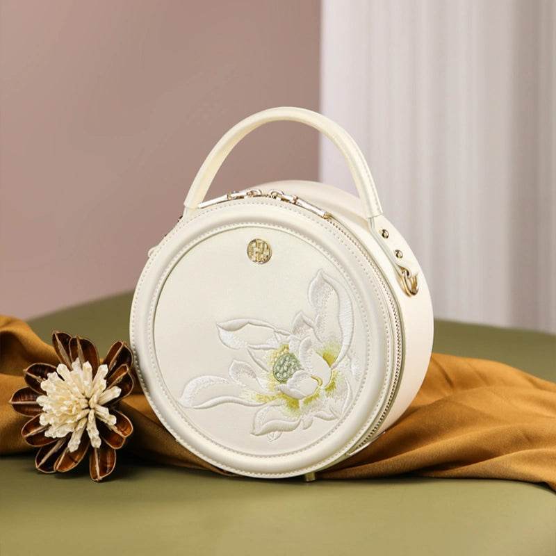 Embroidery Leather White Round Handbag Lotus - SinoCultural -- P120355 -