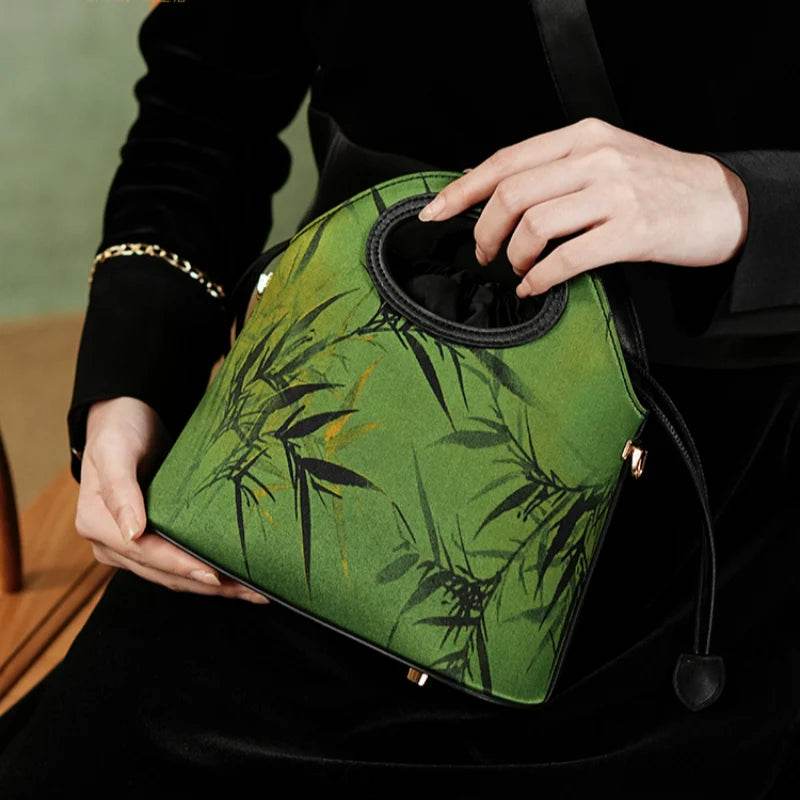 Xiangyunsha Silk Bamboo Green Drawstring Bucket Bag - SinoCultural -- YS120670-2 -