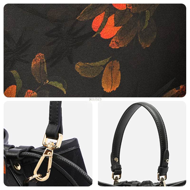 Xiangyunsha Silk Leather Printed Persimmon Bucket Bag - SinoCultural -- YS220680