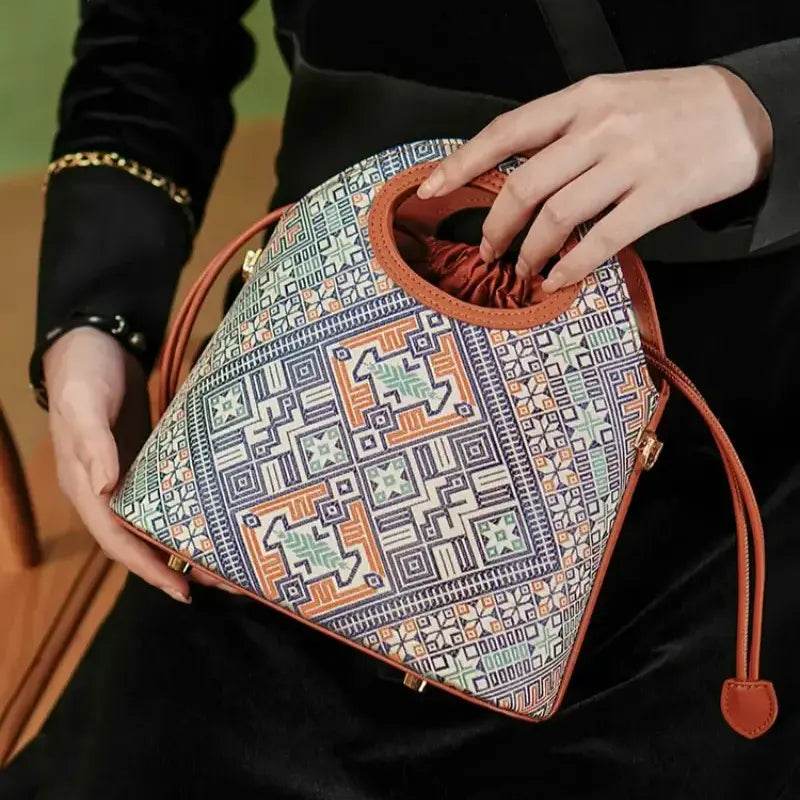 Zhuang Brocade Vintage Drawstring Bucket Bag - SinoCultural -- FJ120670