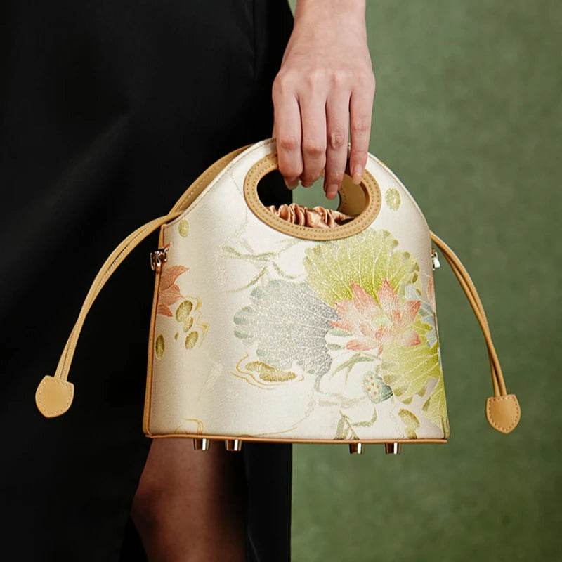 Printed Jacquard Lotus Khaki Drawstring Bucket Bag - SinoCultural
