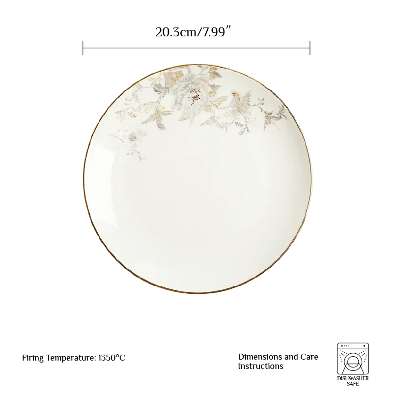 Size diagram: 20.3 x 20.3 x 2.1 cm Luxury Bone China Serving Platter.