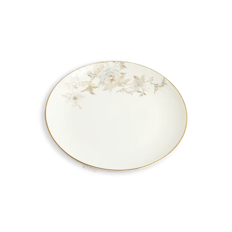 Close-up: Translucent Peony & Butterfly rim pattern on Bone China.