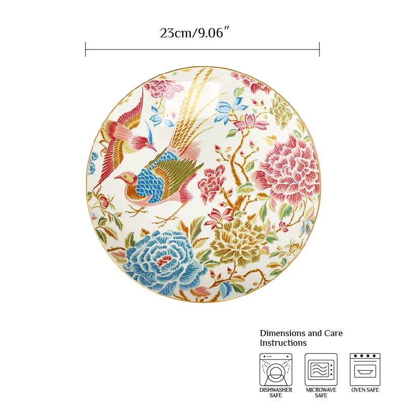 Size chart of 9’’ round bone china salad plate, 23 cm diameter.