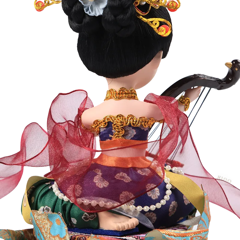 Back outfit detail of 9-inch handmade Dunhuang "Harp Melody" doll.