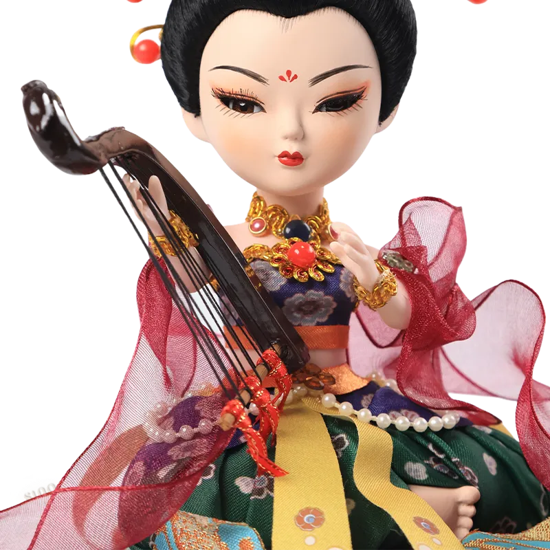 Front overall body detail of 9-inch Dunhuang "Harp Melody" doll showing pose and outfit.