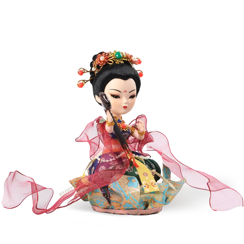 Right side view of 9-inch Dunhuang "Harp Melody" doll showing harp and green skirt.