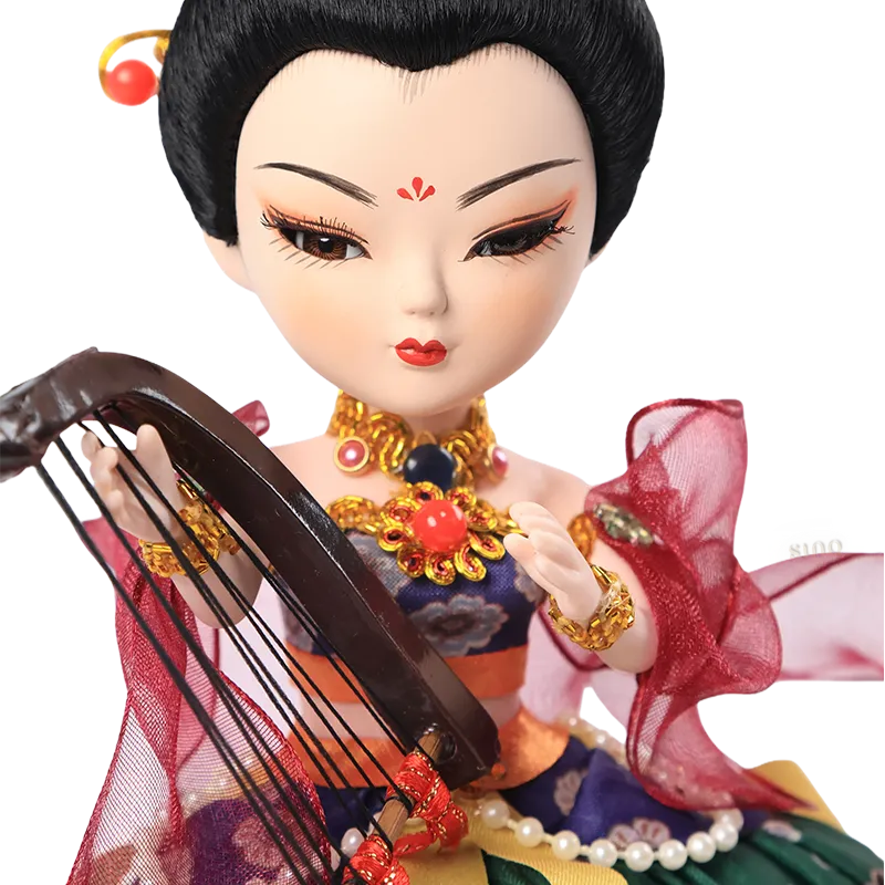 Front upper body detail of 9-inch Dunhuang "Harp Melody" doll with beaded necklace.