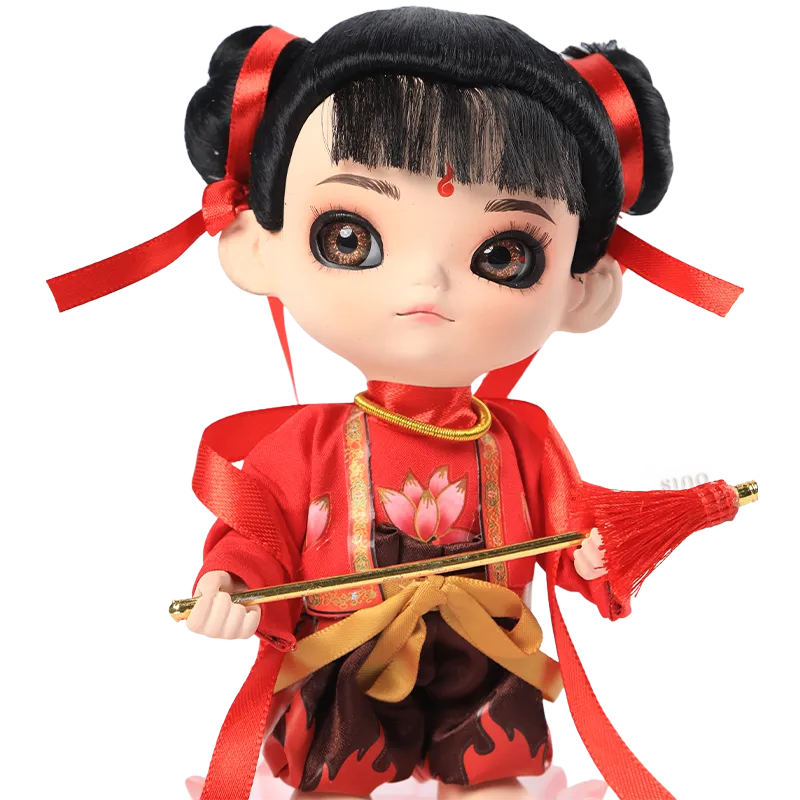 Head, body, and weapon details of 9-inch Nezha doll.