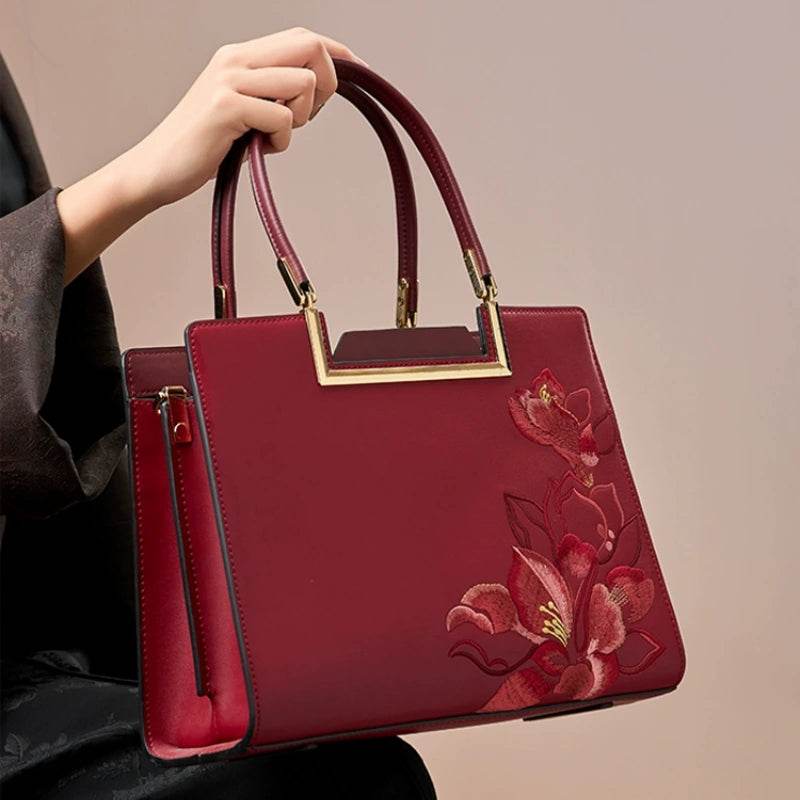Sinocultural Embroidery Leather Red Tote Bag Magnolia Women's Handbag - SinoCultural -- P120346-1