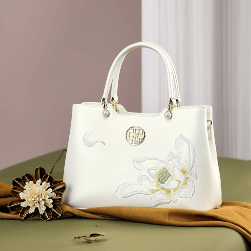 Embroidery Leather White Crossbody Tote Bag Lotus Luxury Gift - SinoCultural -- P120279 -