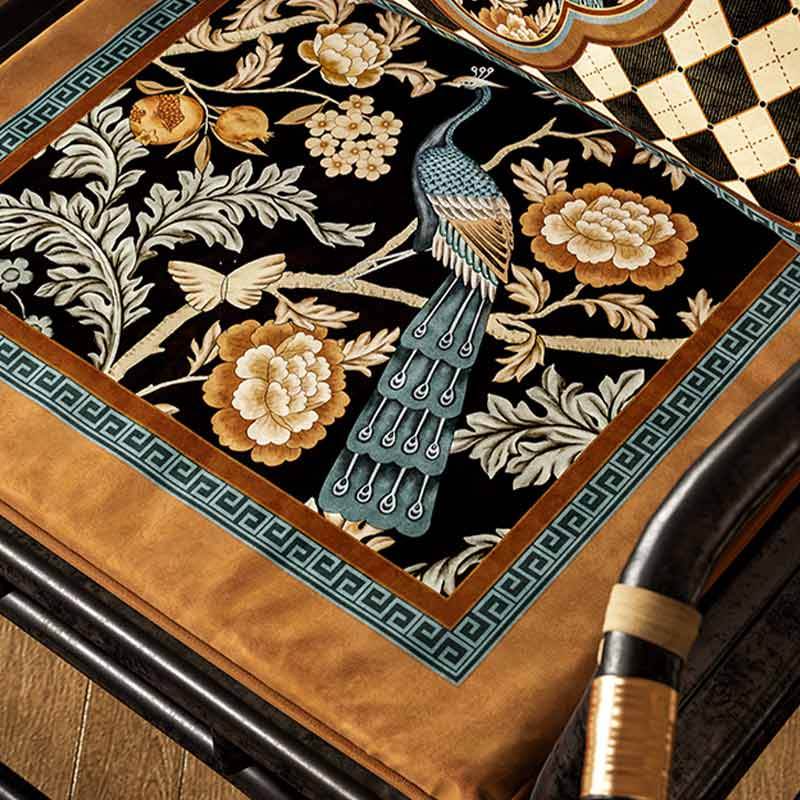 Chinoiserie Vintage Luxury Peacock Pattern Short Plush Chair Cushion - SinoCultural -- SC023A38