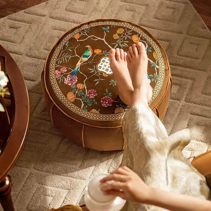 Chinoiserie Autumn Living Room Couch Cushion Pouf - SinoCultural -- B48J0019-C -