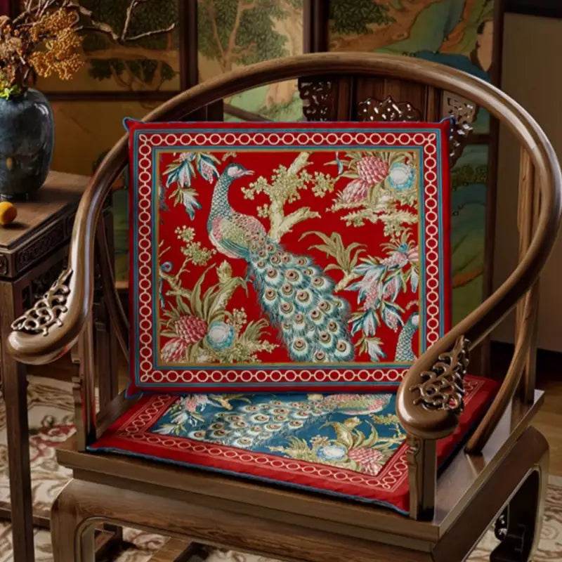 Chinoiserie Festive Red Peacock Wood Chair Cushion - SinoCultural -- SC050A38