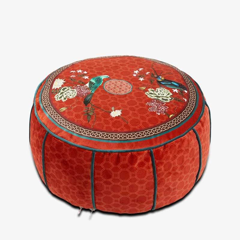 Chinoiserie Plush Joyful Red Sofa Ottoman Pouf - SinoCultural -- B48J0009-C