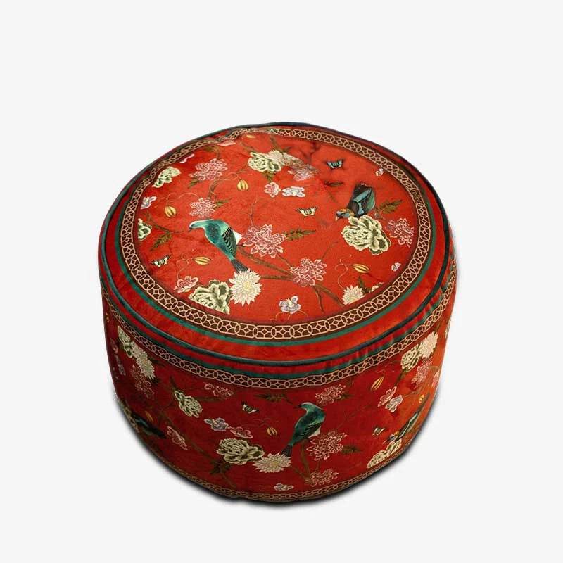 Chinoiserie Plush Joyful Red Sofa Ottoman Pouf - SinoCultural -- B48J0010-C
