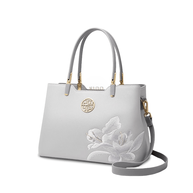 Embroidery Leather Grey Tote Bag Azalea Women Handbag - SinoCultural -- P120321