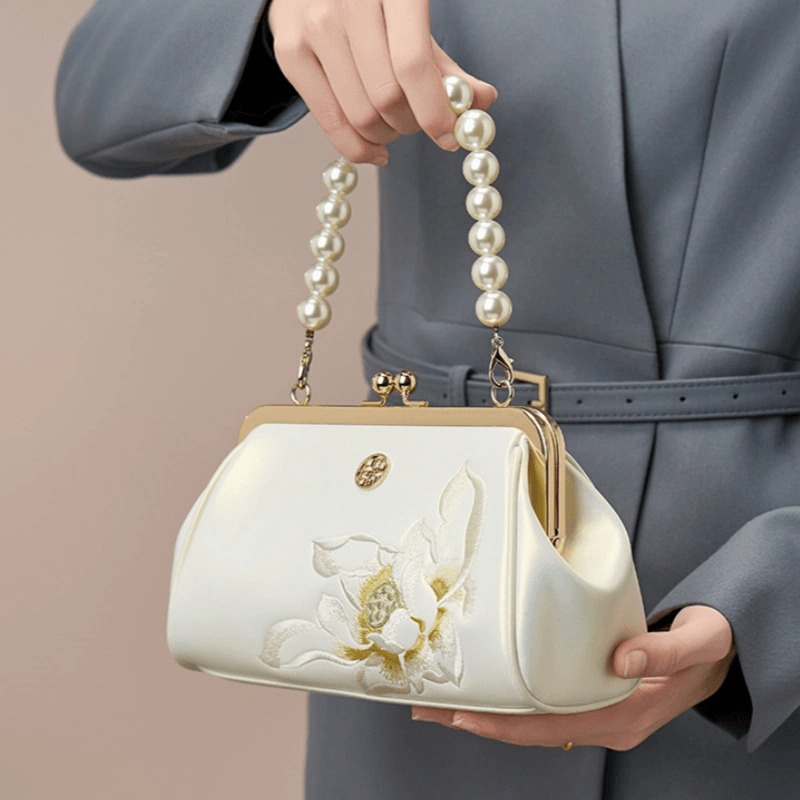 Embroidery Leather Kiss Lock Clutch Bag Lotus Evening Handbag - SinoCultural -- P220251