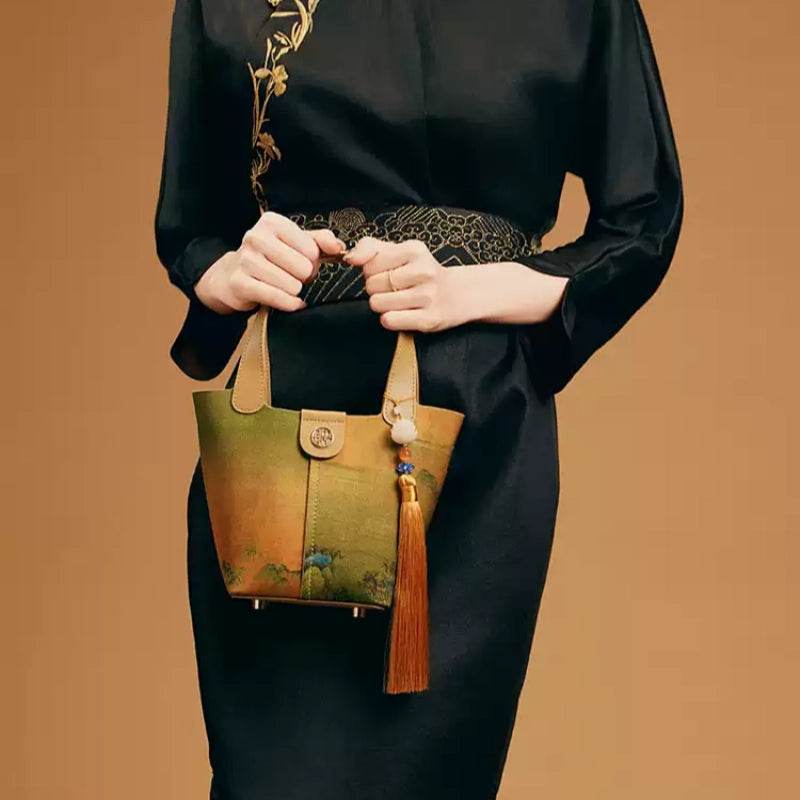 Chinese Painting Mulberry Silk Traditional Gold Basket Bag - SinoCultural -- P170090