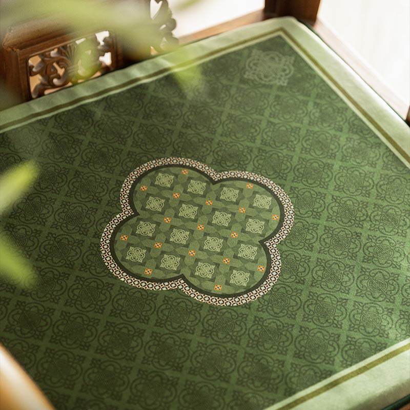 Chinoiserie Dark Green Vintage Short Plush Chair Cushion - SinoCultural -- SC001A38 -