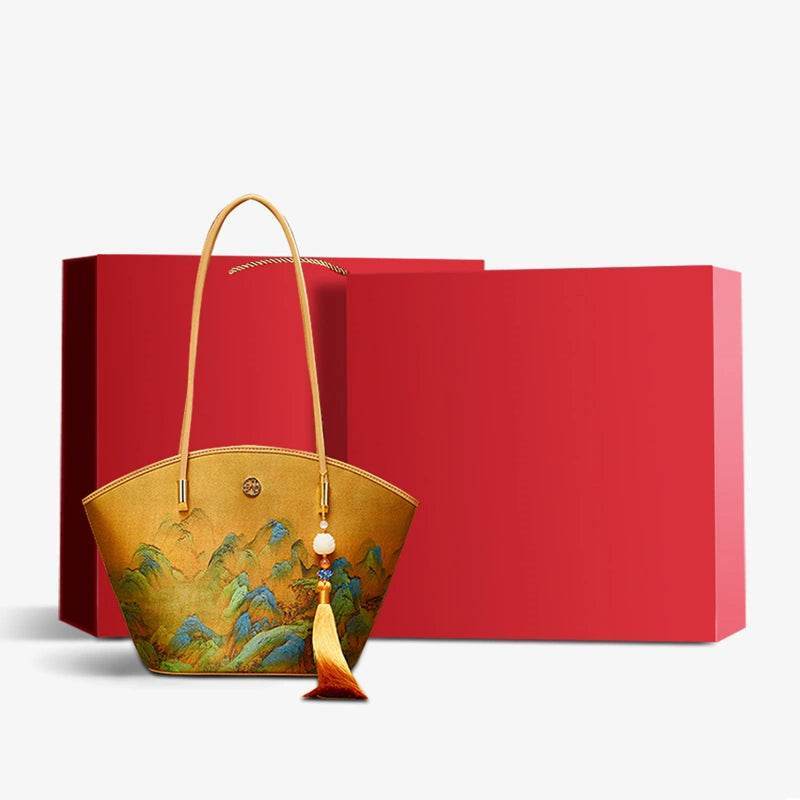 Chinese Painting Mulberry Silk Tote Bag Green Women Handbag - SinoCultural -- P220263-2