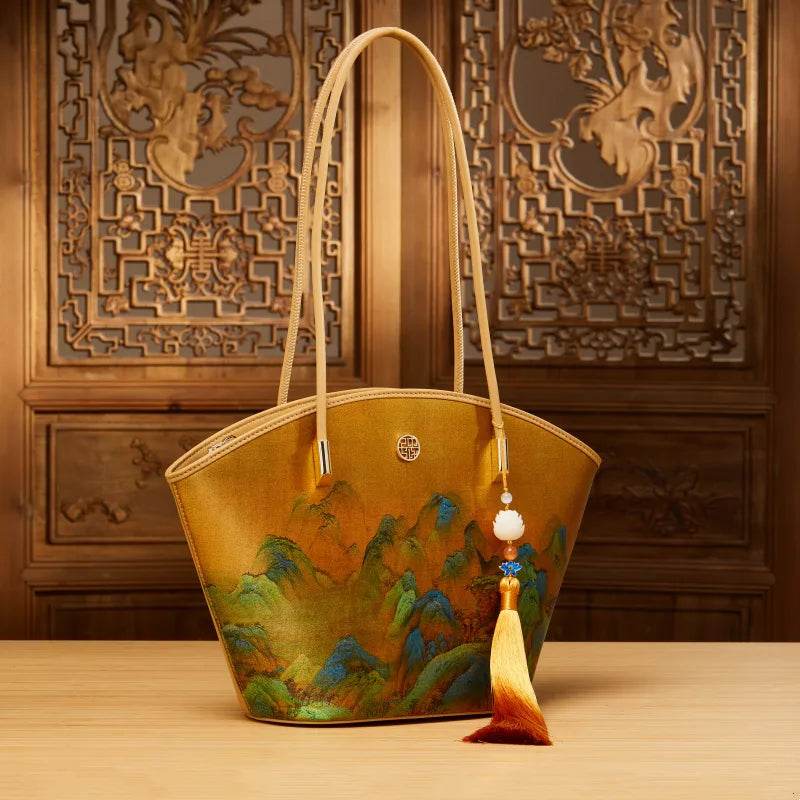 Chinese Painting Mulberry Silk Tote Bag Green Women Handbag - SinoCultural -- P220263-2