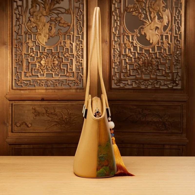 Chinese Painting Mulberry Silk Tote Bag Green Women Handbag - SinoCultural -- P220263-2