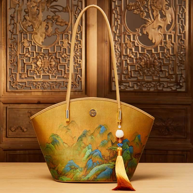 Chinese Painting Mulberry Silk Tote Bag Green Women Handbag - SinoCultural -- P220263-2