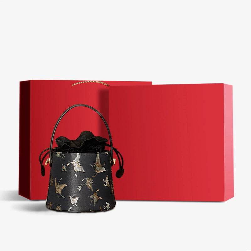 Brocade Black Bucket Bag Designer Butterfly Handbag - SinoCultural -- JD170618-1