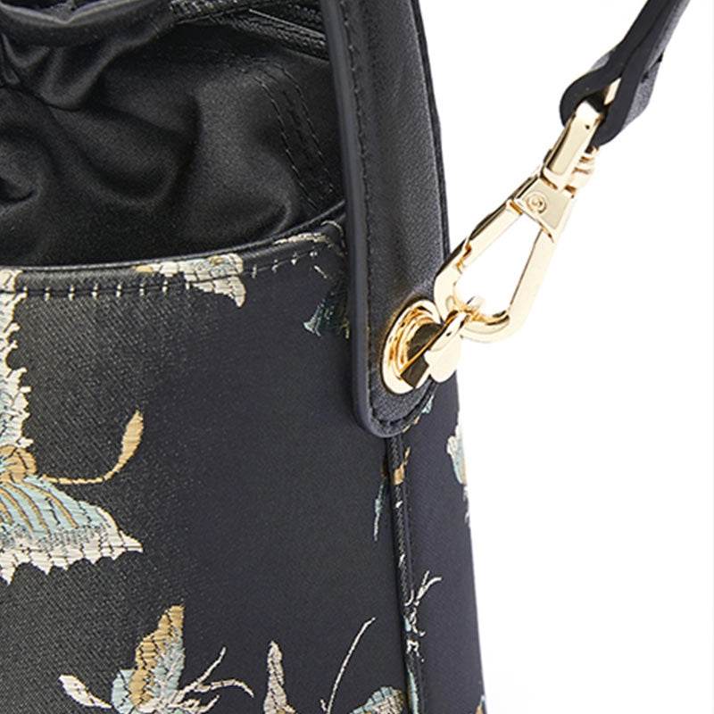 Brocade Black Bucket Bag Designer Butterfly Handbag - SinoCultural -- JD170618-1