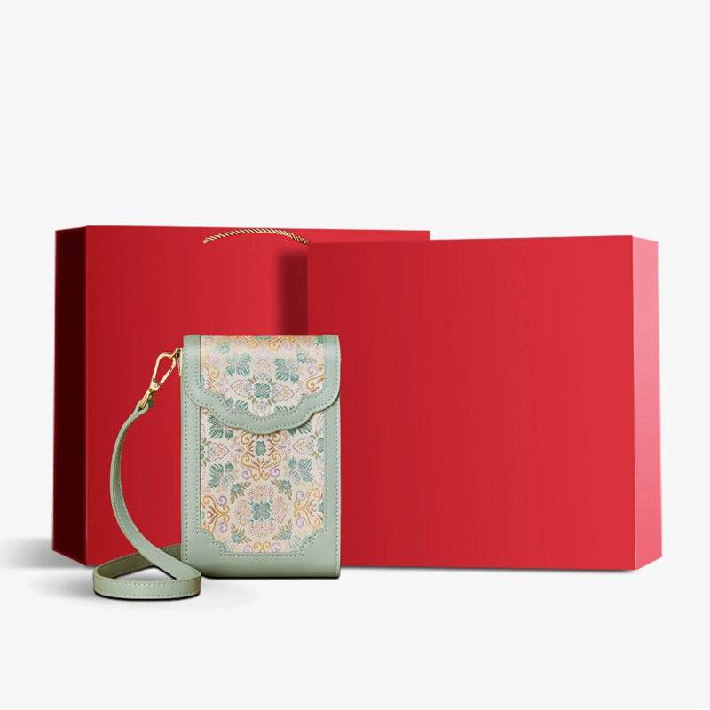 Brocade Jacquard Leather Bag Intricate Phone Chinese Wallet - SinoCultural -- JD240043-1 -