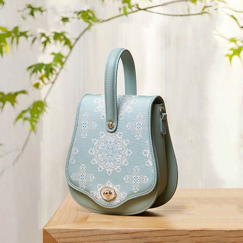 Brocade Jacquard Green Floral Designer Saddle Bag - SinoCultural