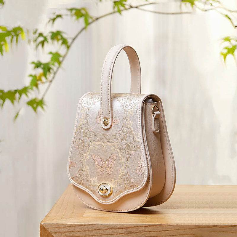 Brocade Jacquard Beige Butterfly Designer Saddle Bag - SinoCultural -- P1206260402LG-2 -