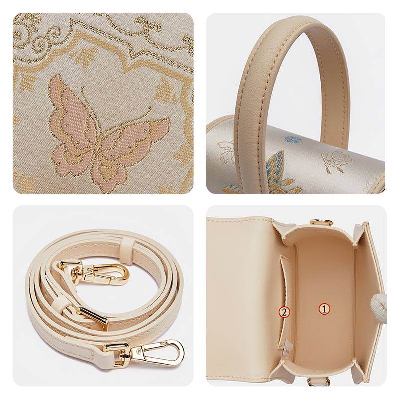 Brocade Jacquard Beige Butterfly Designer Saddle Bag - SinoCultural -- P1206260402LG-2 -