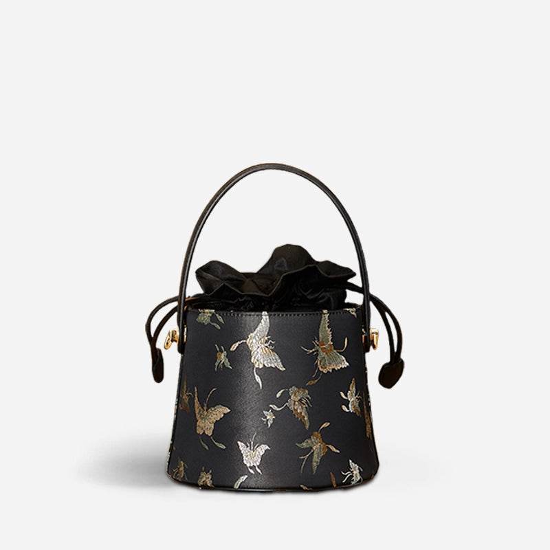Brocade Black Bucket Bag Designer Butterfly Handbag - SinoCultural -- JD170618-1