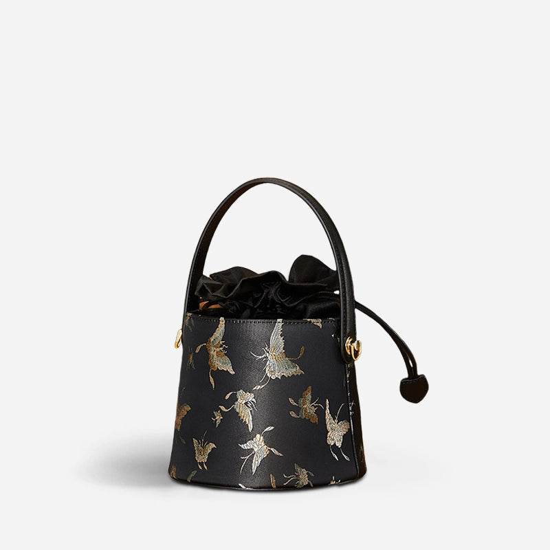 Brocade Black Bucket Bag Designer Butterfly Handbag - SinoCultural -- JD170618-1