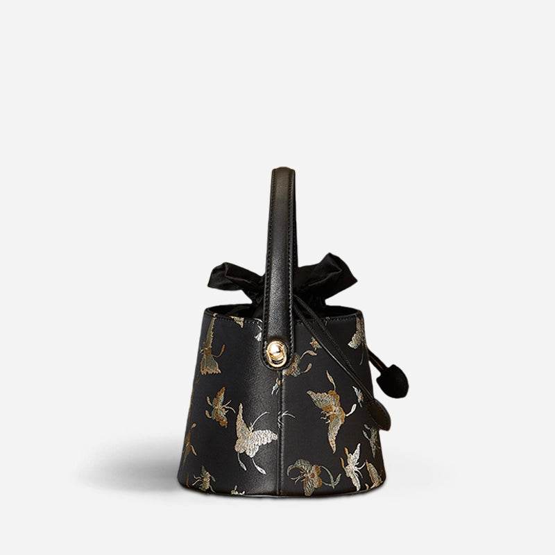 Brocade Black Bucket Bag Designer Butterfly Handbag - SinoCultural -- JD170618-1