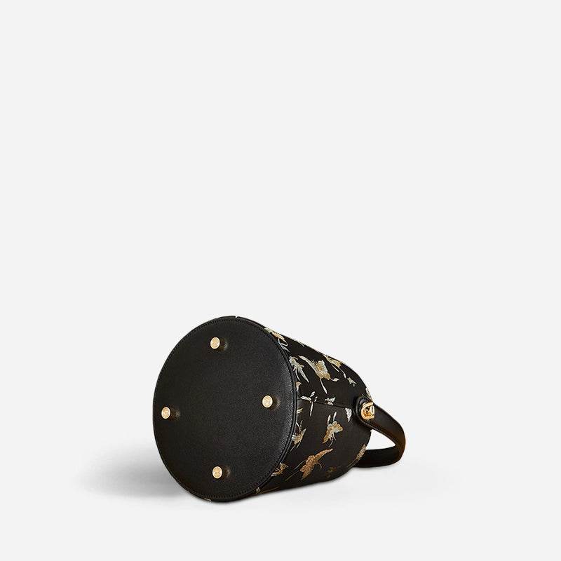 Brocade Black Bucket Bag Designer Butterfly Handbag - SinoCultural -- JD170618-1