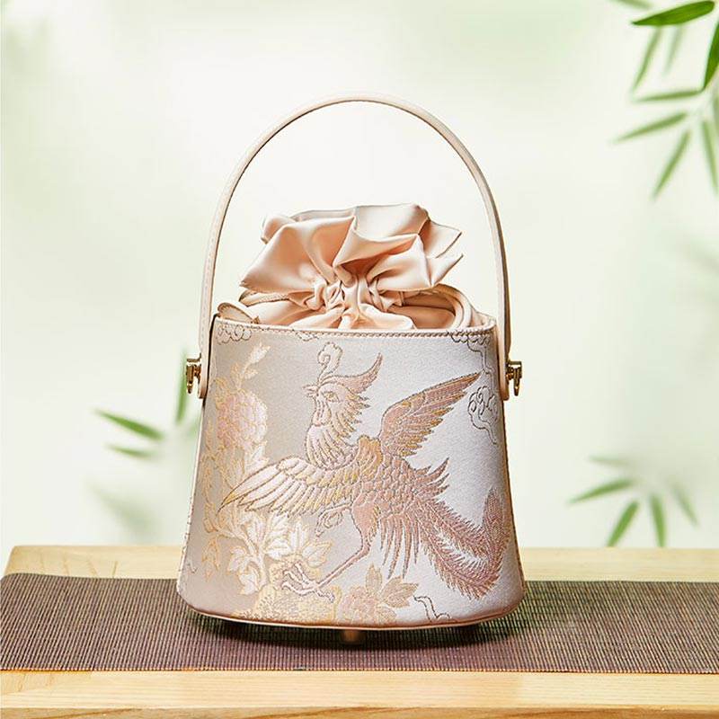 Brocade Jacquard Leather Drawstring Beige Bucket Bag Loong Pattern - SinoCultural -- P17061804-1 -