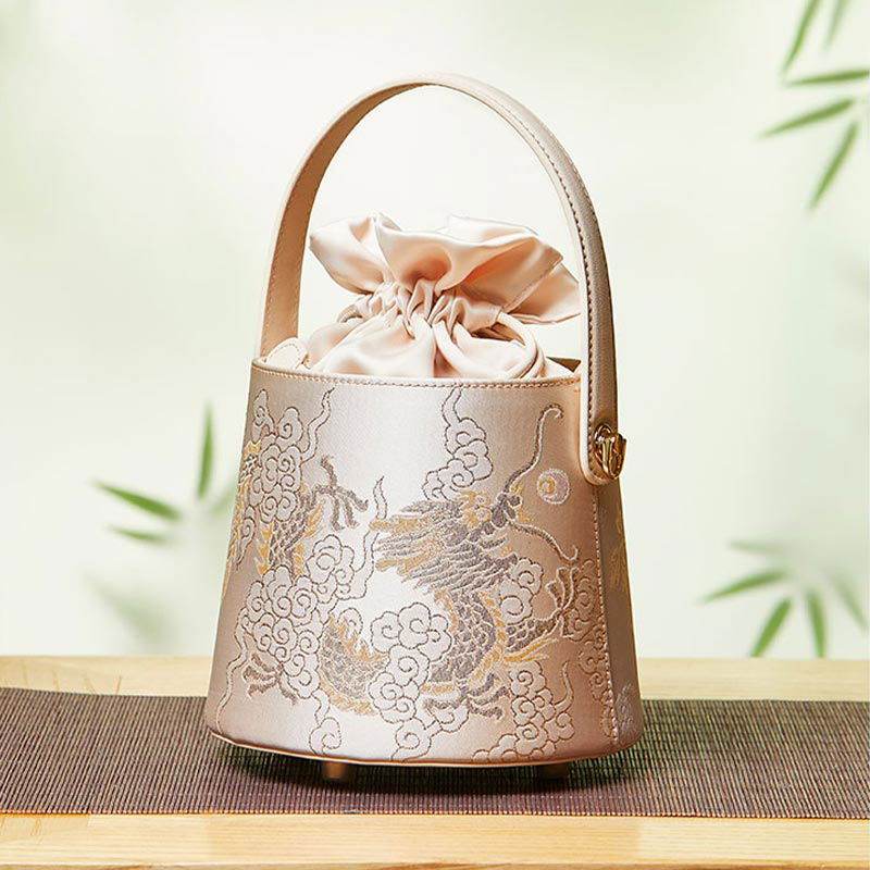 Brocade Jacquard Leather Drawstring Beige Bucket Bag Loong Pattern - SinoCultural -- P17061804-1 -