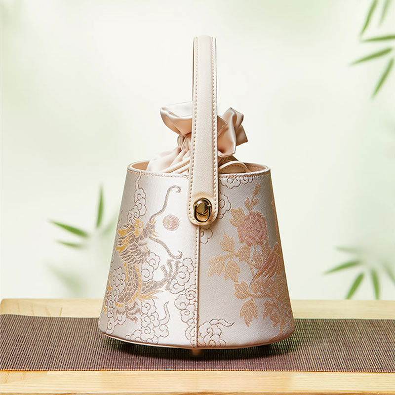Brocade Jacquard Leather Drawstring Beige Bucket Bag Loong Pattern - SinoCultural -- P17061804-1 -